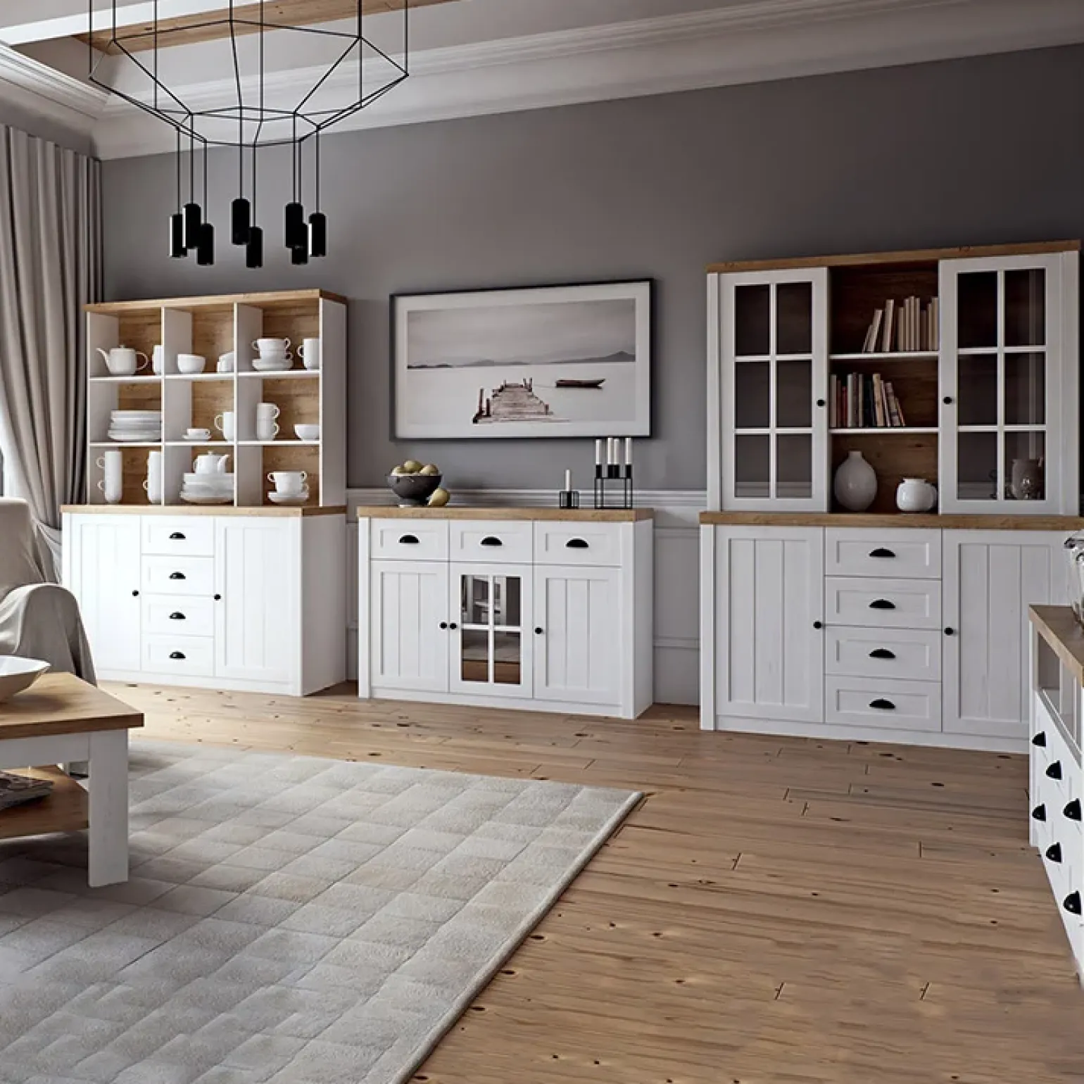 Alzata per credenza 130x111h cm 9 vani bianco frassinato rovere Provenza
