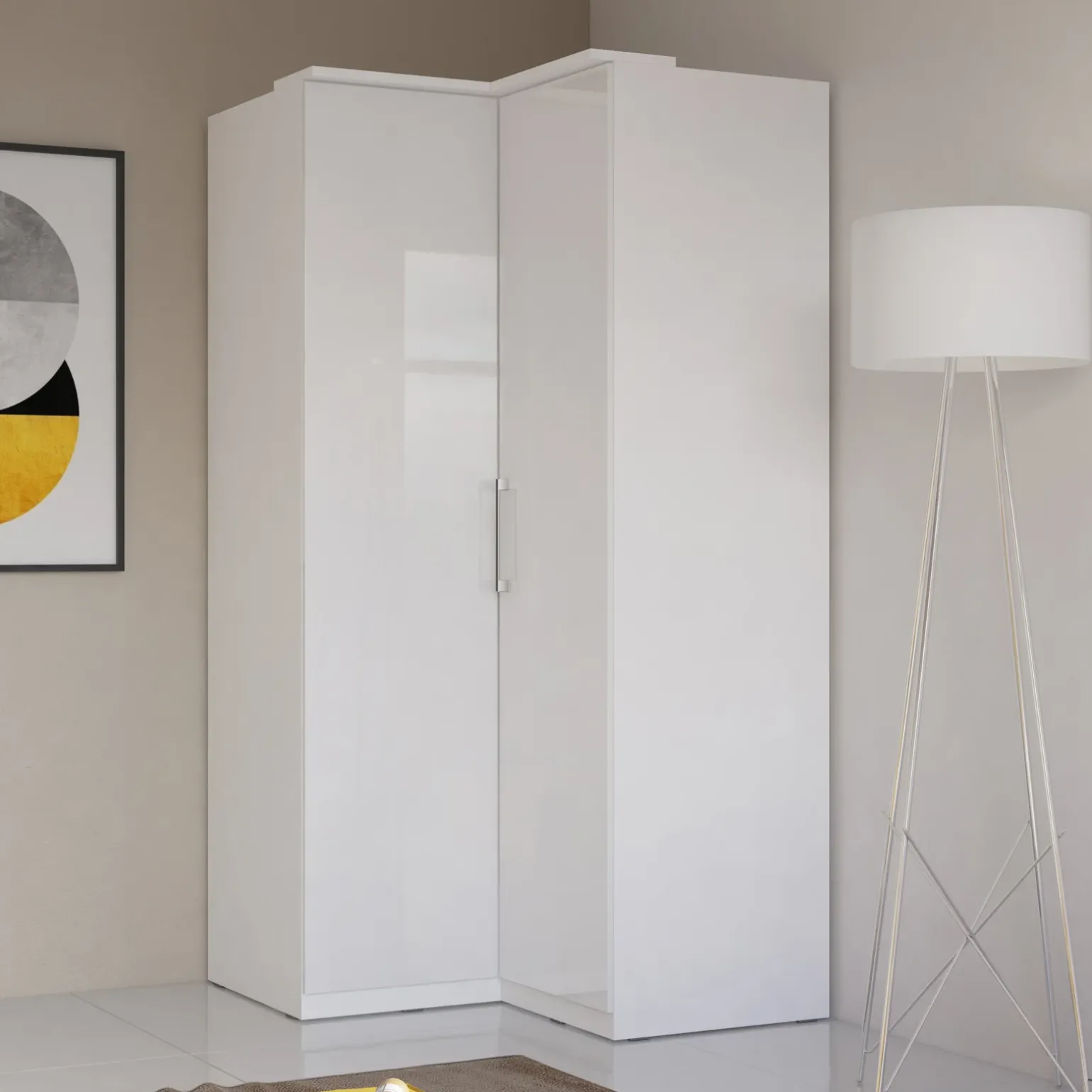 Armadio ad angolo 109x217h cm 2 ante bianco opaco e lucido Naper