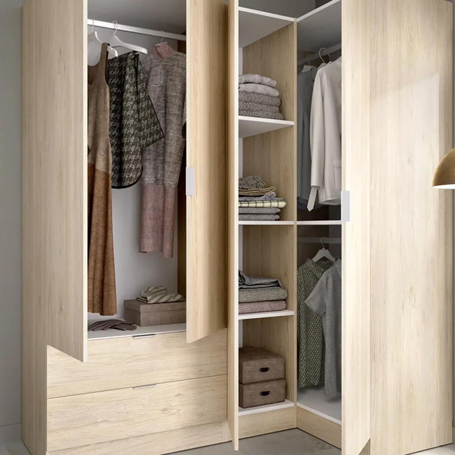Armadio angolare 174x184h cm con ante e cassetti legno rovere Juan