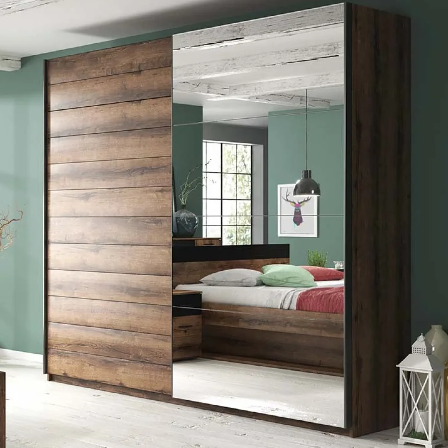 Armadio con specchio 221x210h cm 2 ante scorrevoli rovere scuro Lisbona Gihome®