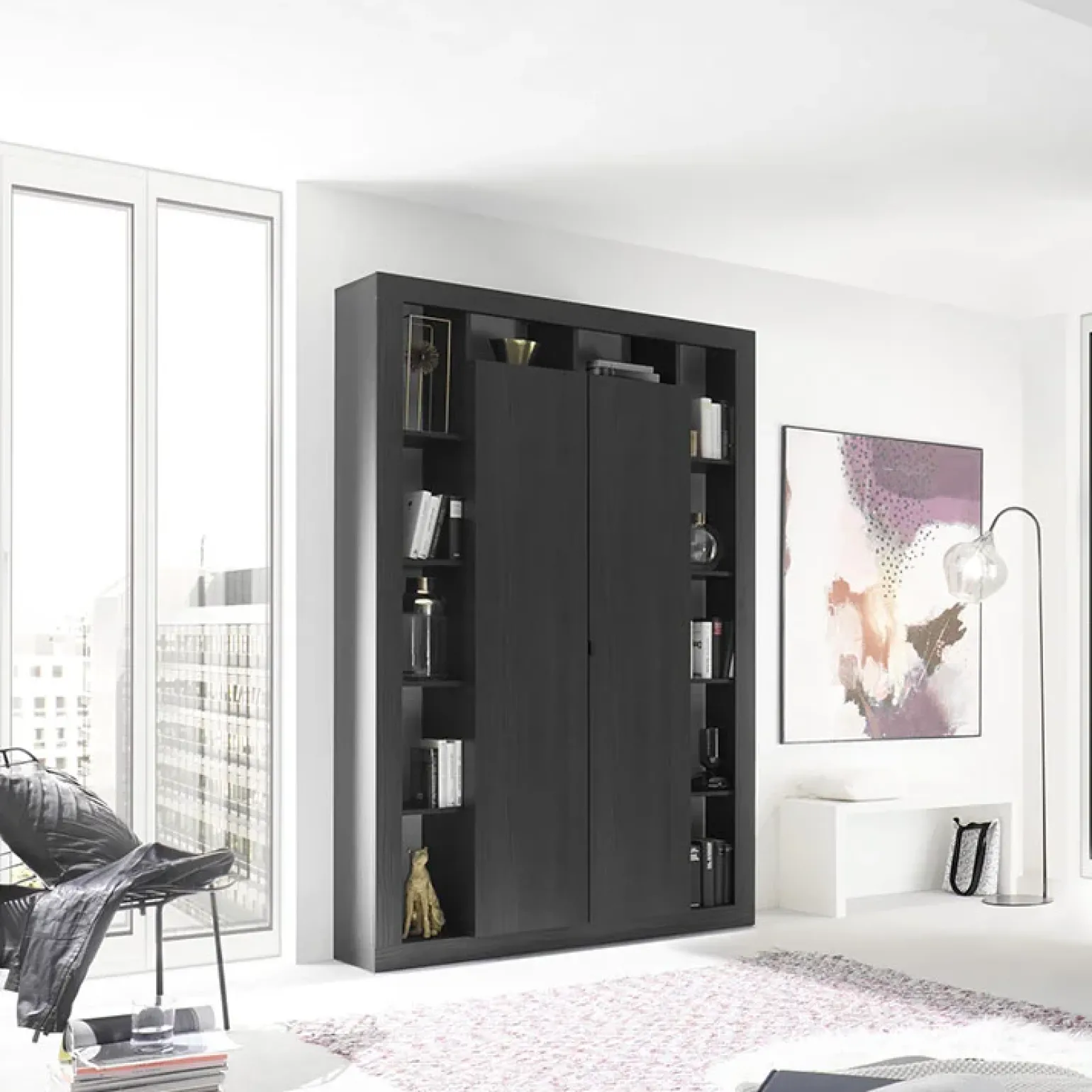 Armadio soggiorno 134x217h cm 2 ante moderno nero frassinato Trilogy