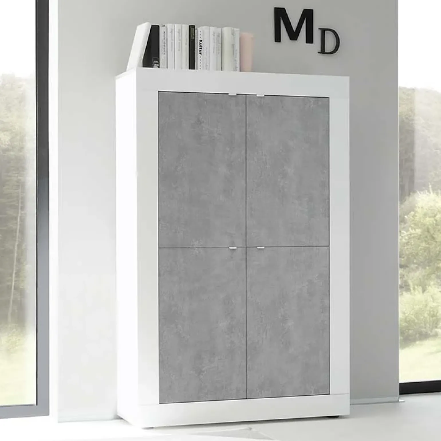 Armadio soggiorno 102x162h cm 4 ante moderno bianco lucido cemento Eternity