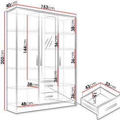 Armadio 153x202h cm 3 ante 2 cassetti con specchio bianco opaco Enirel