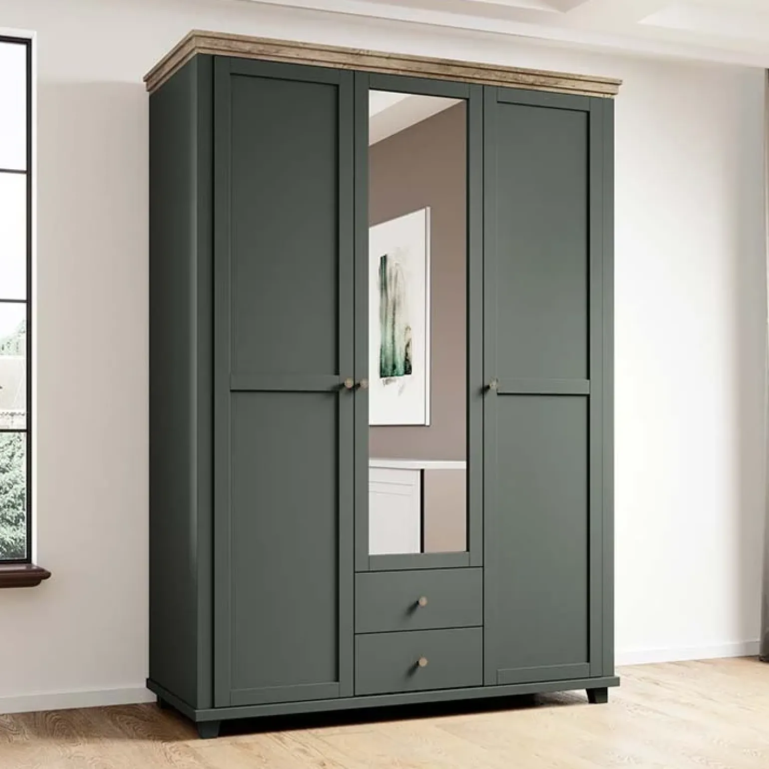 Armadio 154x216h cm 3 ante 2 cassetti con specchio verde quercia Texel