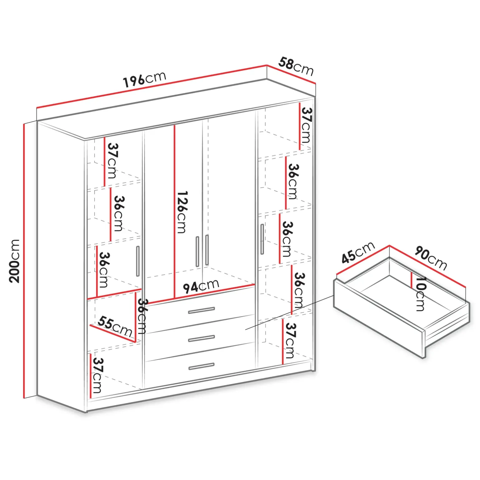 Armadio 196x200h cm 4 ante 3 cassetti con specchio rovere sonoma Sottosogno
