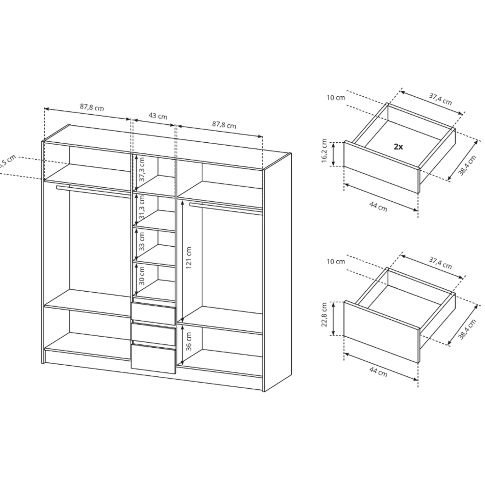Armadio 225x215h cm 5 ante 3 cassetti bianco rovere Sweet