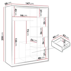 Armadio 147x200h cm 3 ante 3 cassetti con specchio bianco Sottosogno