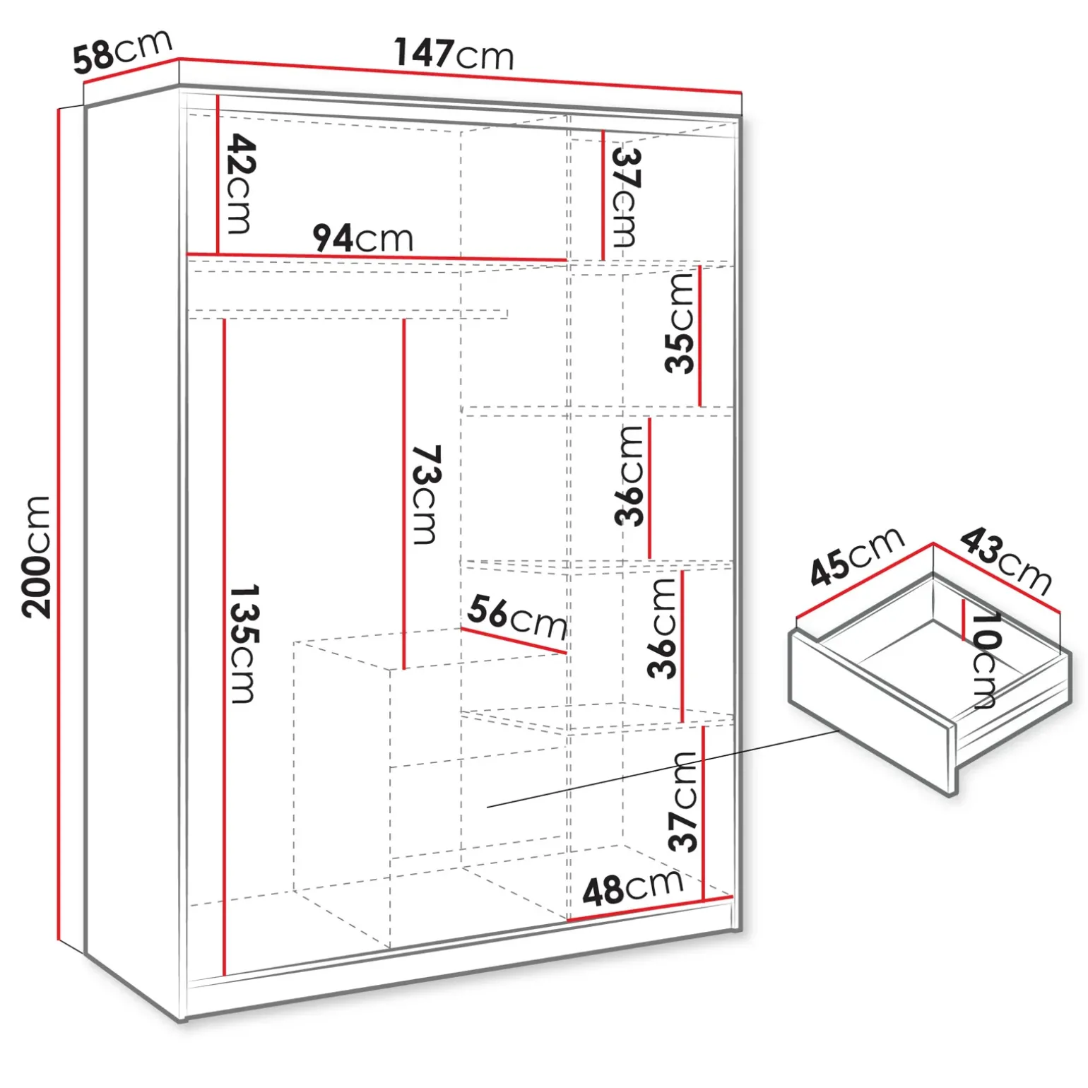 Armadio 147x200h cm 3 ante 3 cassetti con specchio bianco Sottosogno