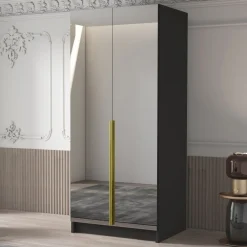 Armadio 100x215h cm 2 ante 2 specchi moderno nero oro Glammy 2