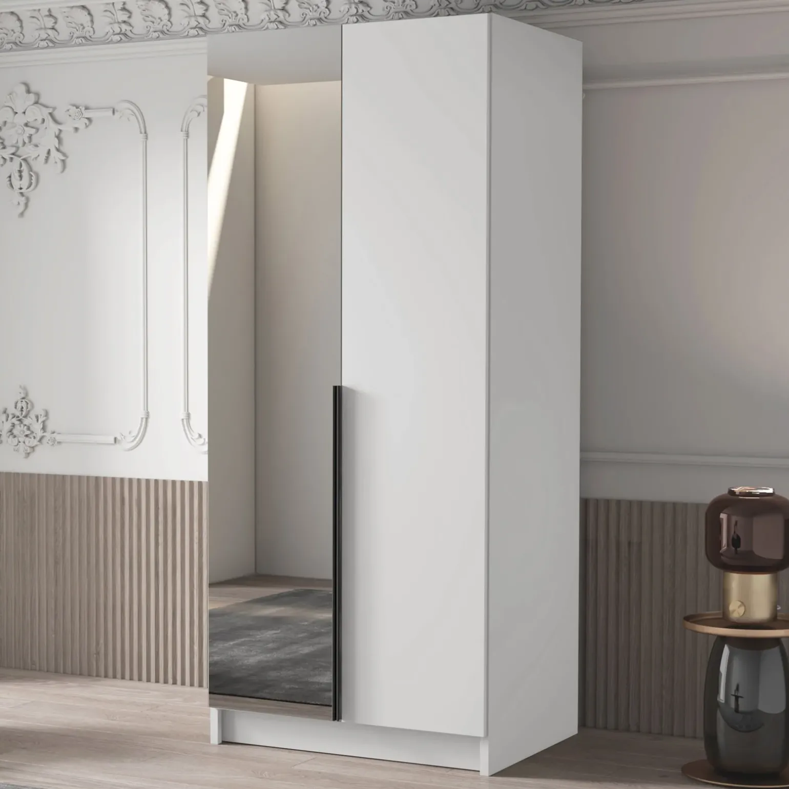 Armadio 100x215h cm 2 ante 1 specchio moderno bianco nero Glammy 2