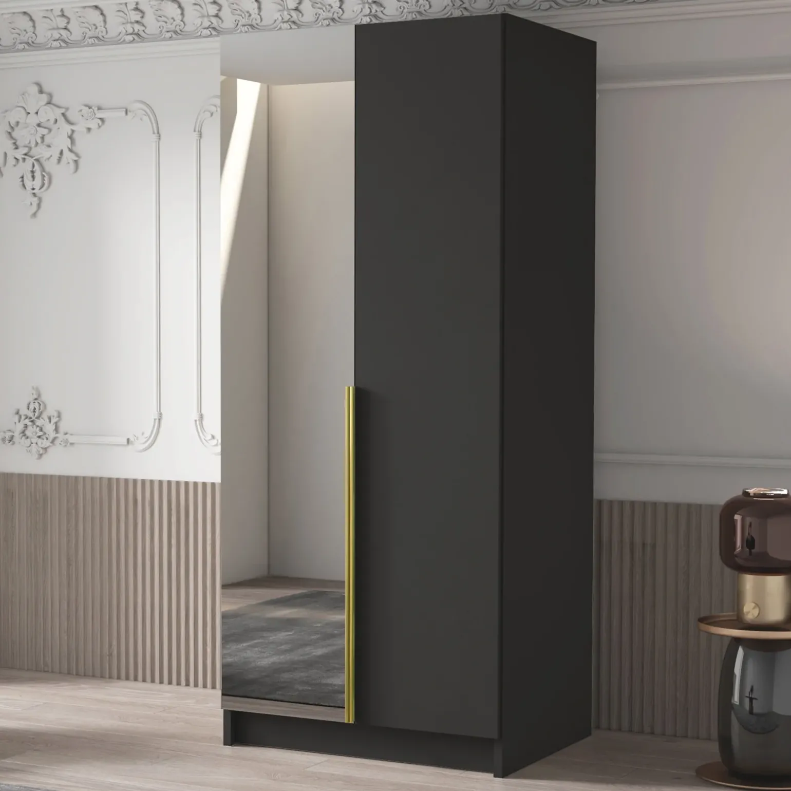 Armadio 100x215h cm 2 ante 1 specchio moderno nero oro Glammy 2