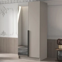 Armadio 100x215h cm 2 ante 1 specchio moderno beige nero Glammy 2