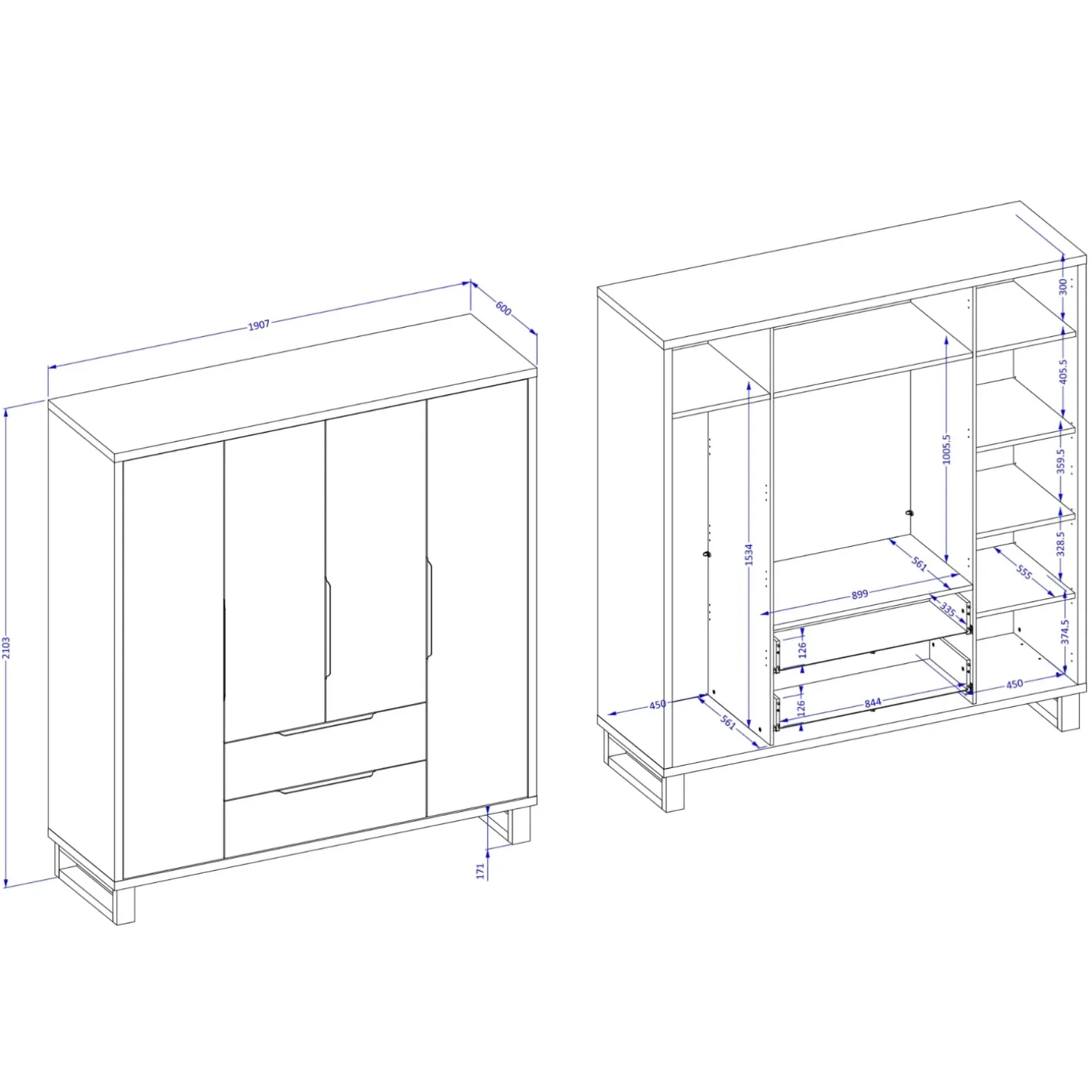 Armadio 190x210h cm 4 ante battenti 2 cassetti rovere Petra