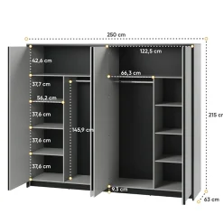 Armadio 250x215h cm 4 ante battenti con specchio con LED grigio nero Luna