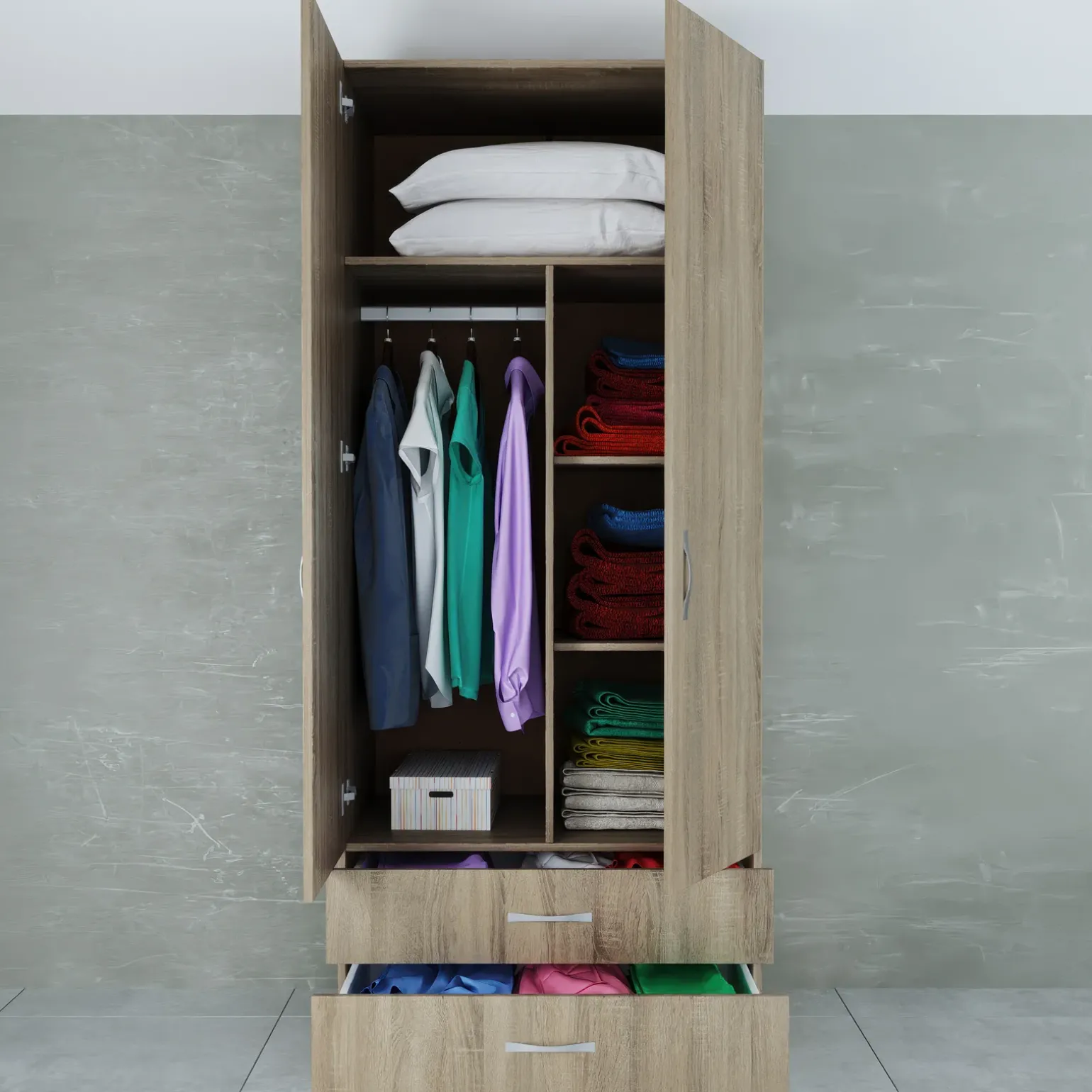 Armadio 80x191h cm 2 ante con cassetti moderno rovere sonoma Carlino