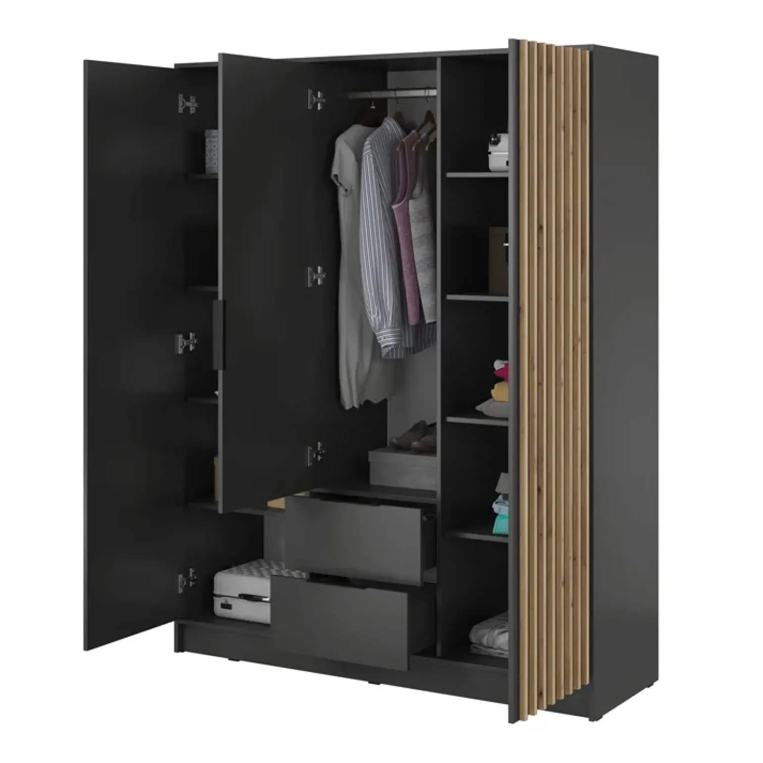 Armadio 155x200h cm 3 ante con cassetti moderno antracite quercia Miller