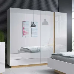 Armadio 220x203h cm 4 ante con cassetti moderno bianco lucido rovere Noa