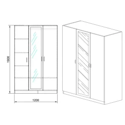 Armadio 120x190h cm 3 ante con specchio bianco lucido Alina