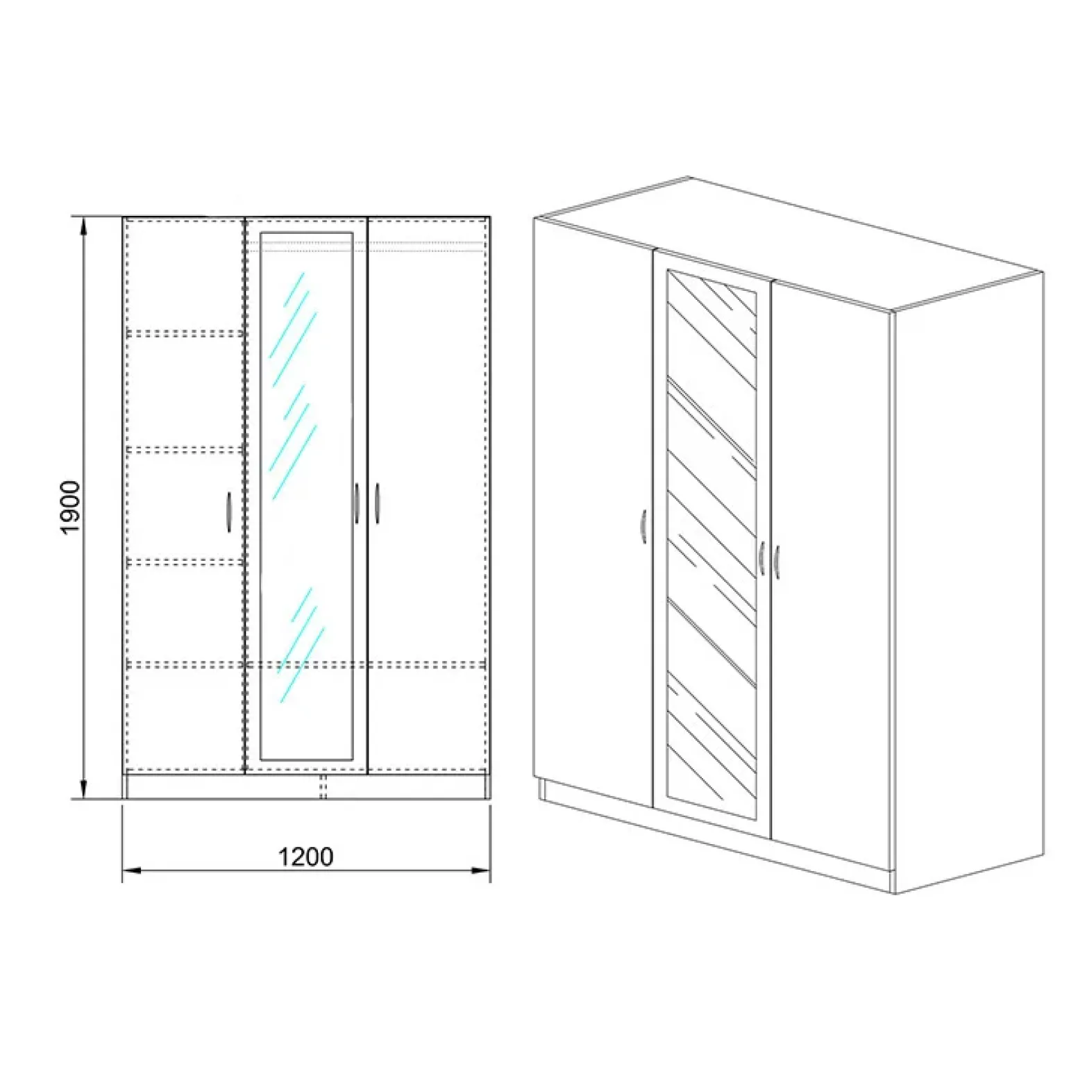 Armadio 120x190h cm 3 ante con specchio bianco lucido Alina