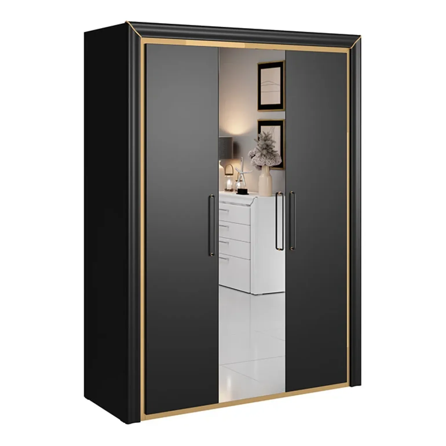 Armadio 155x214h cm 3 ante con specchio modderno nero oro Benz