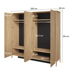 Armadio 220x216h cm 4 ante con specchio rovere Noor
