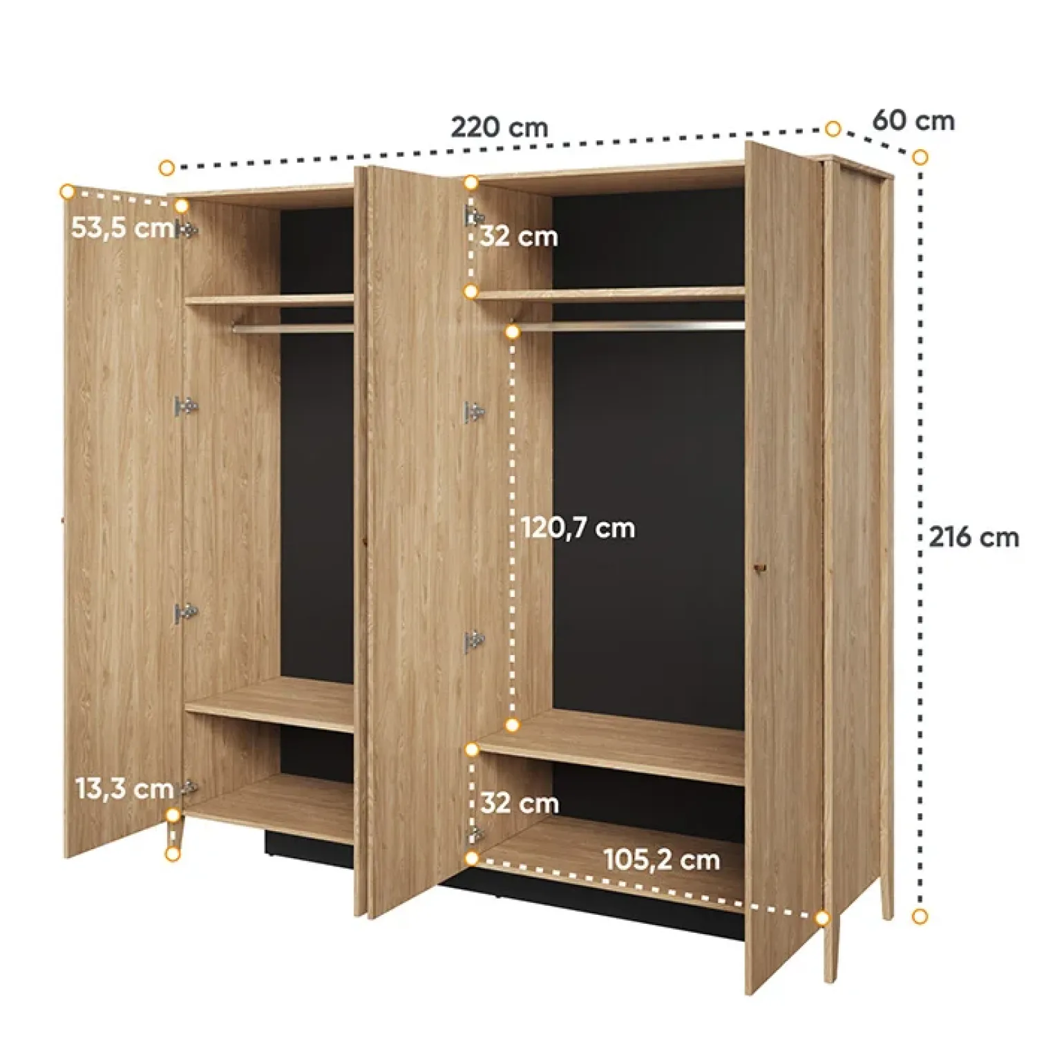 Armadio 220x216h cm 4 ante con specchio rovere Noor