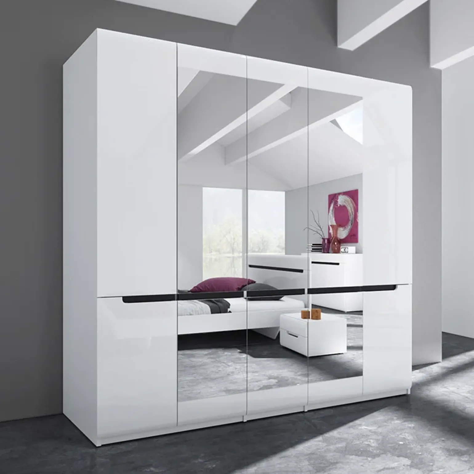 Armadio 225x213h cm 5 ante con specchio bianco lucido Dubai Gihome®