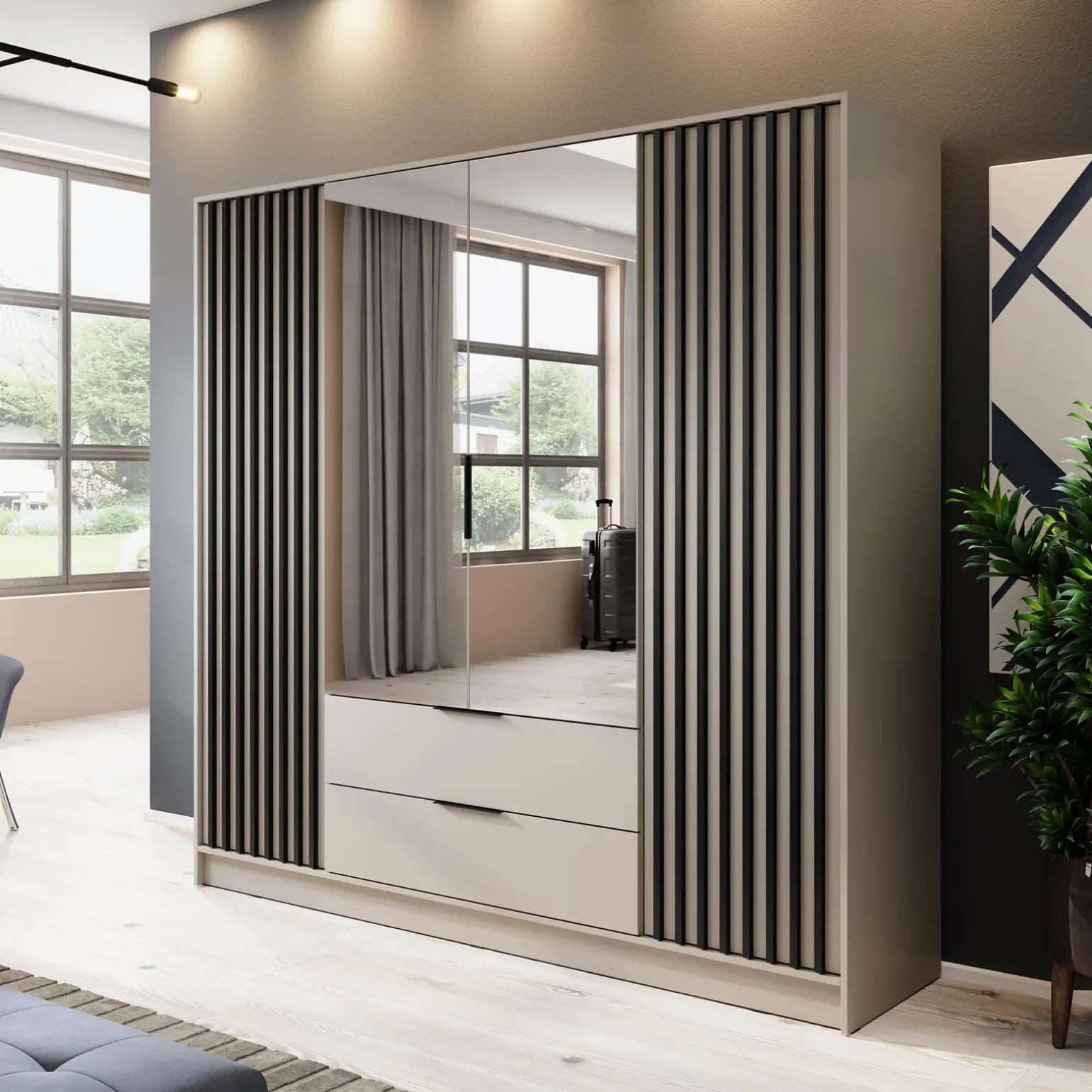 Armadio 206x200h cm 4 ante con specchio moderno beige cashmere Miller