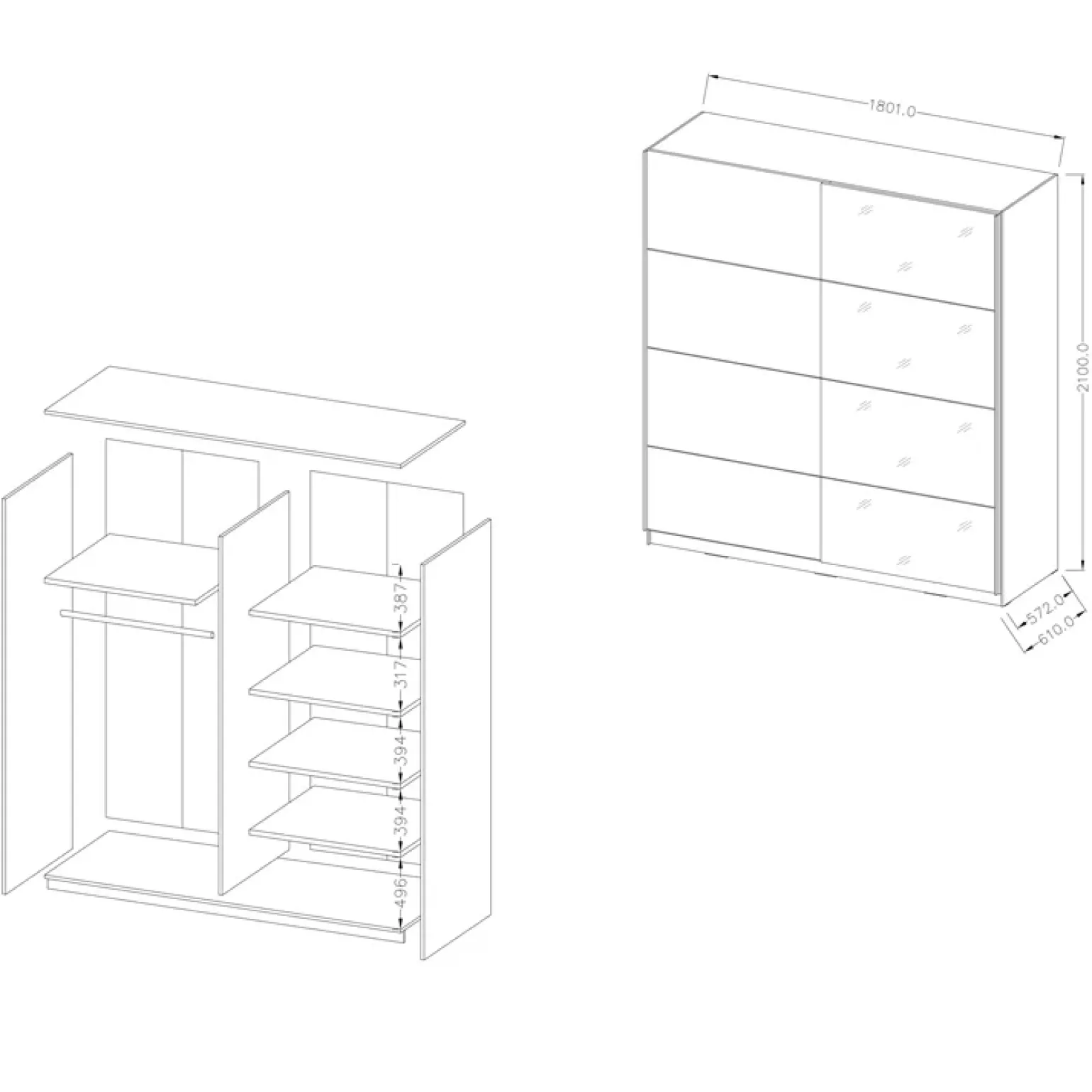 Armadio 180x210h cm 2 ante scorrevoli con specchio nero Pascal Gihome®