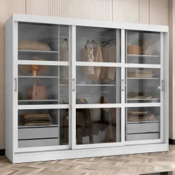 Armadio 250x203h cm 3 ante scorrevoli vetrate 4 cassetti bianco opaco Nivora