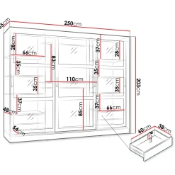 Armadio 250x203h cm 3 ante scorrevoli vetrate 4 cassetti bianco opaco Nivora