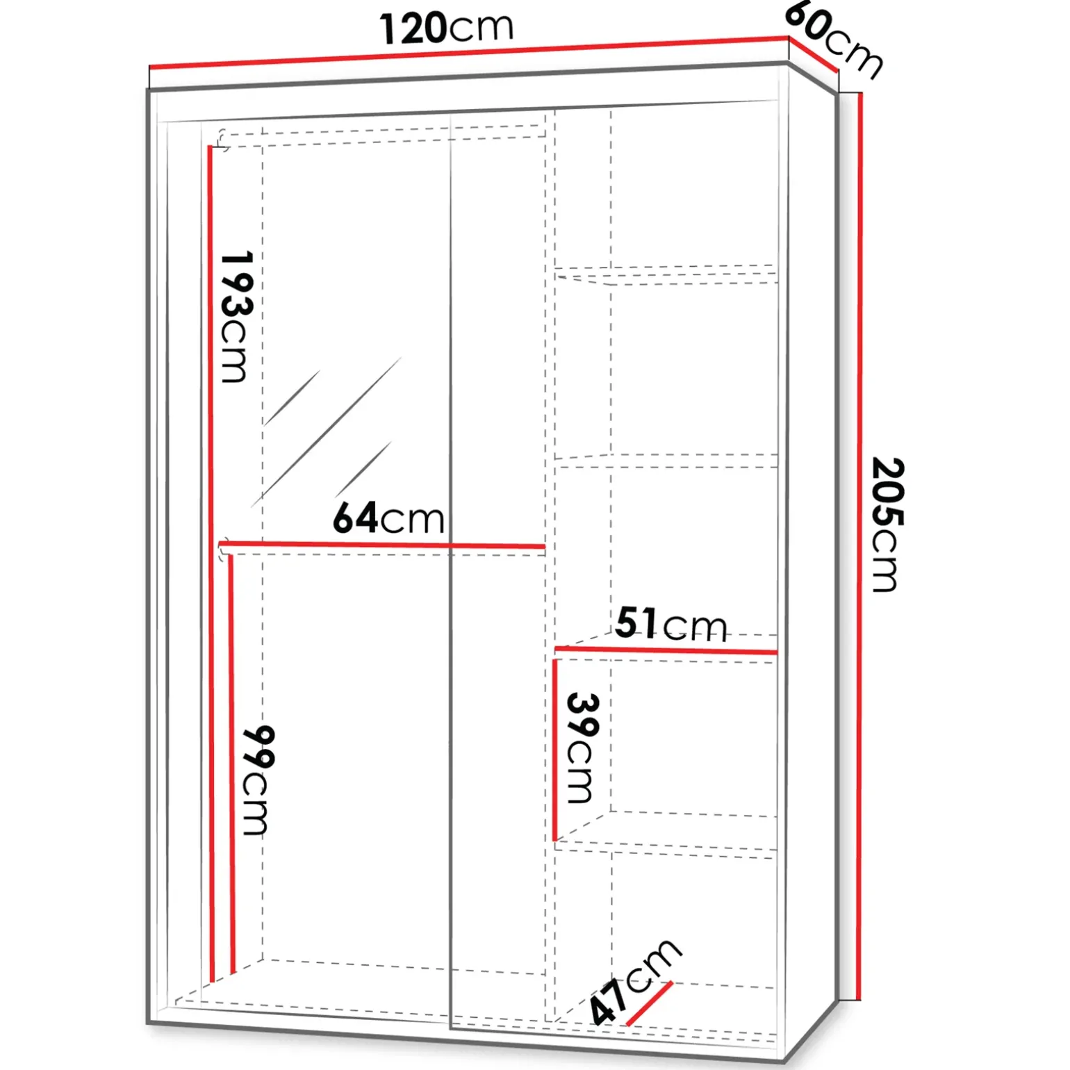 Armadio 120x205h cm 2 ante scorrevoli con specchio bianco Boselia