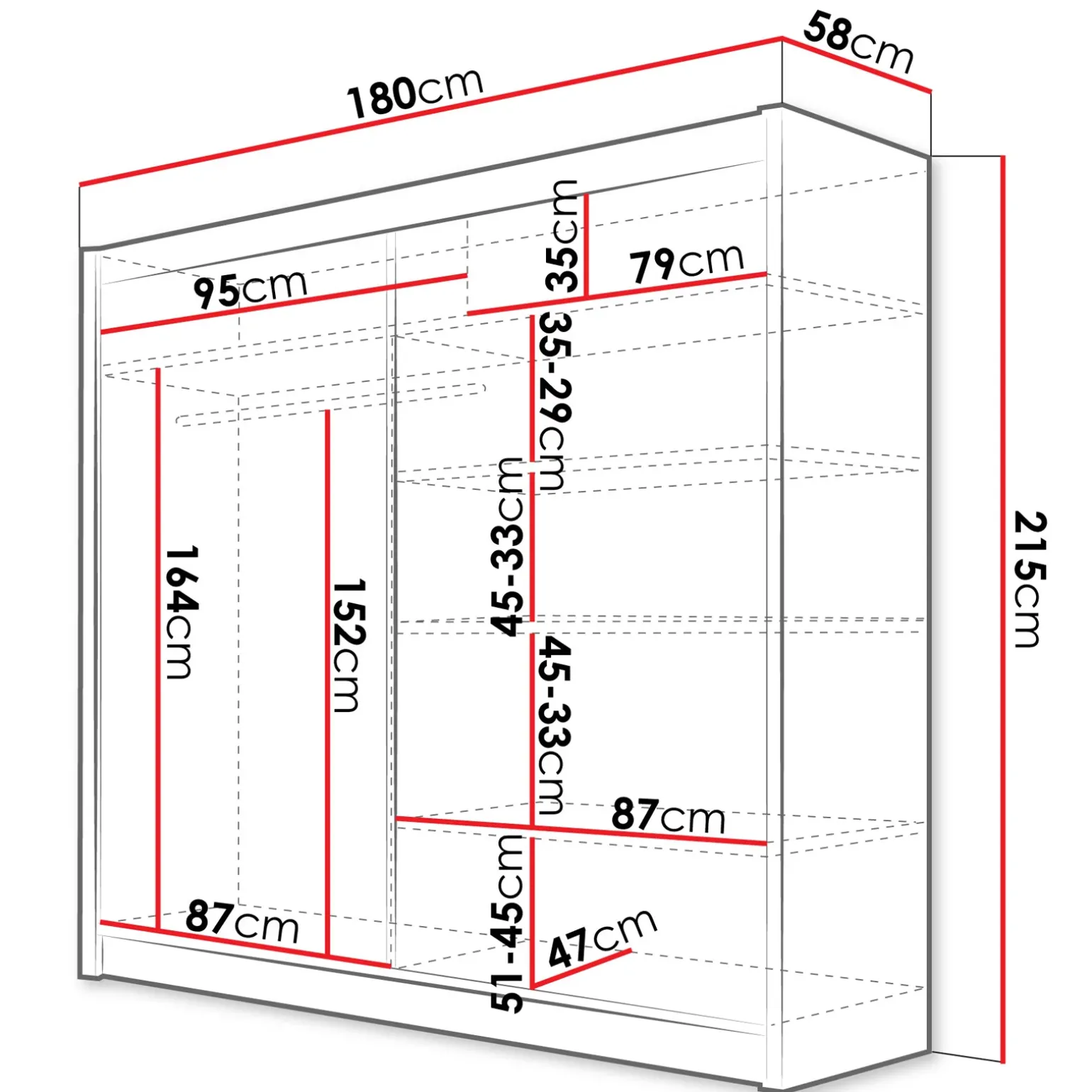 Armadio 180x215h cm 2 ante scorrevoli con specchio centrale bianco opaco Karl