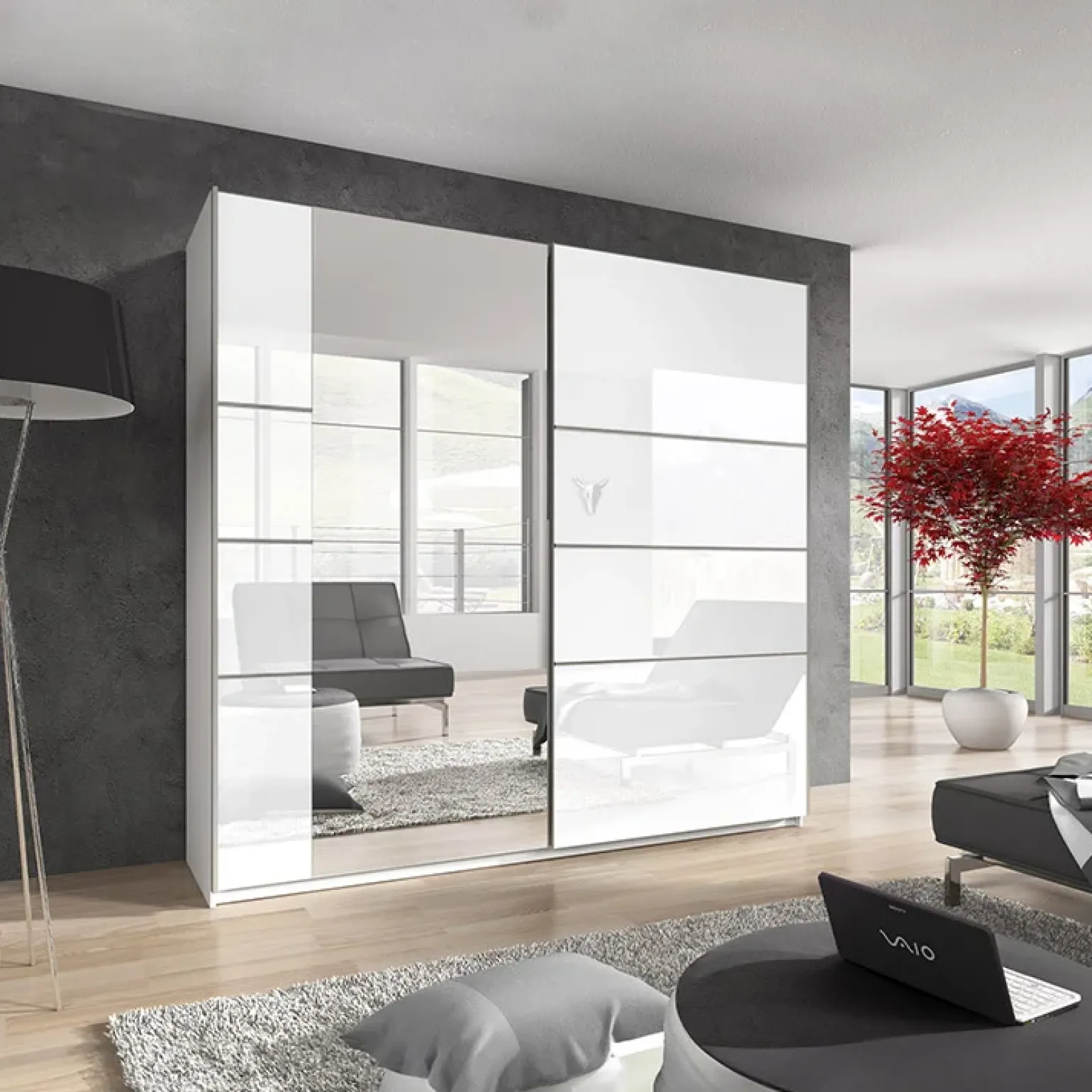 Armadio 200x210h cm 2 ante scorrevoli con specchio bianco lucido Marcus Gihome®