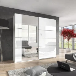 Armadio 221x210h cm 2 ante scorrevoli con specchio bianco lucido Marcus Gihome®
