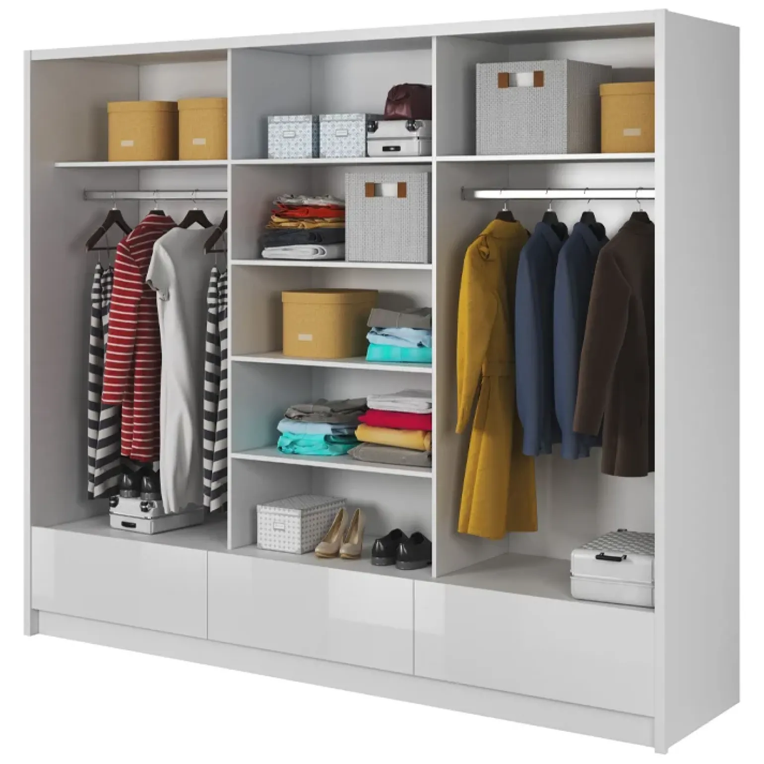 Armadio 254x214h cm 3 cassetti 3 ante con specchio bianco lucido Tom Gihome®
