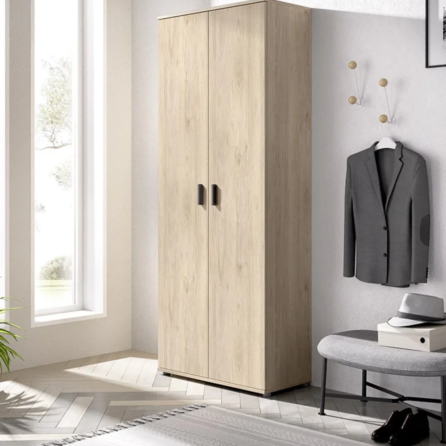 Armadio 78x190h cm due ante con ripiani multiuso vano porta scope legno Ander