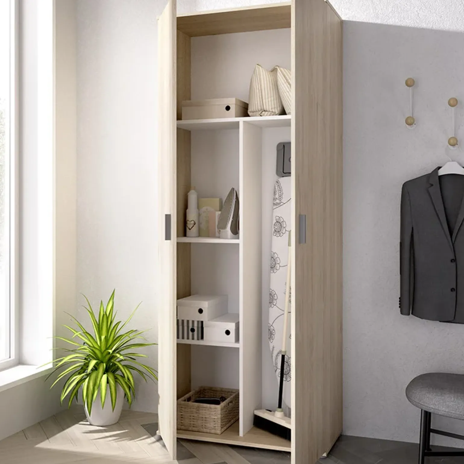 Armadio 78x190h cm due ante con ripiani multiuso vano porta scope legno Ander