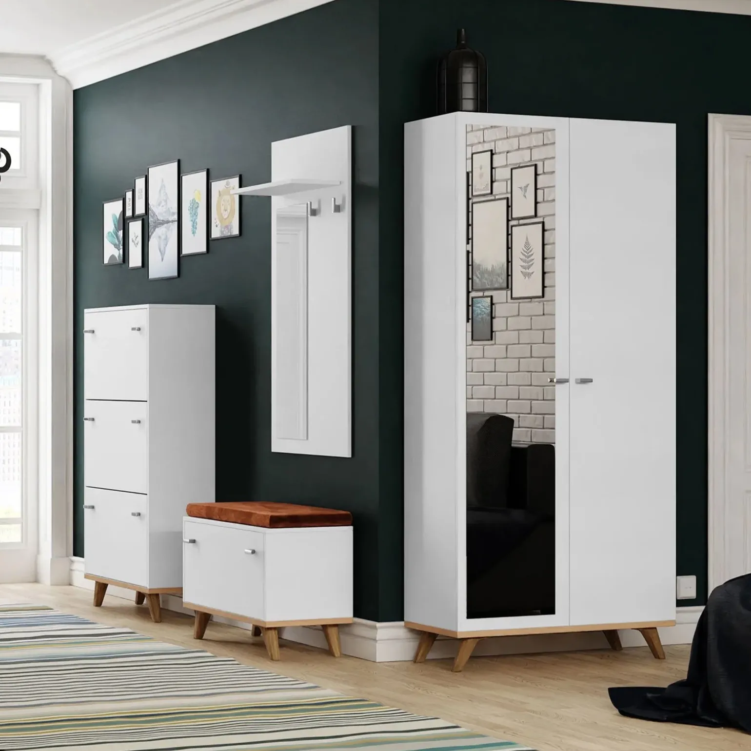 Armadio 90x190h cm soggiorno 2 ante con specchio bianco rovere Clea