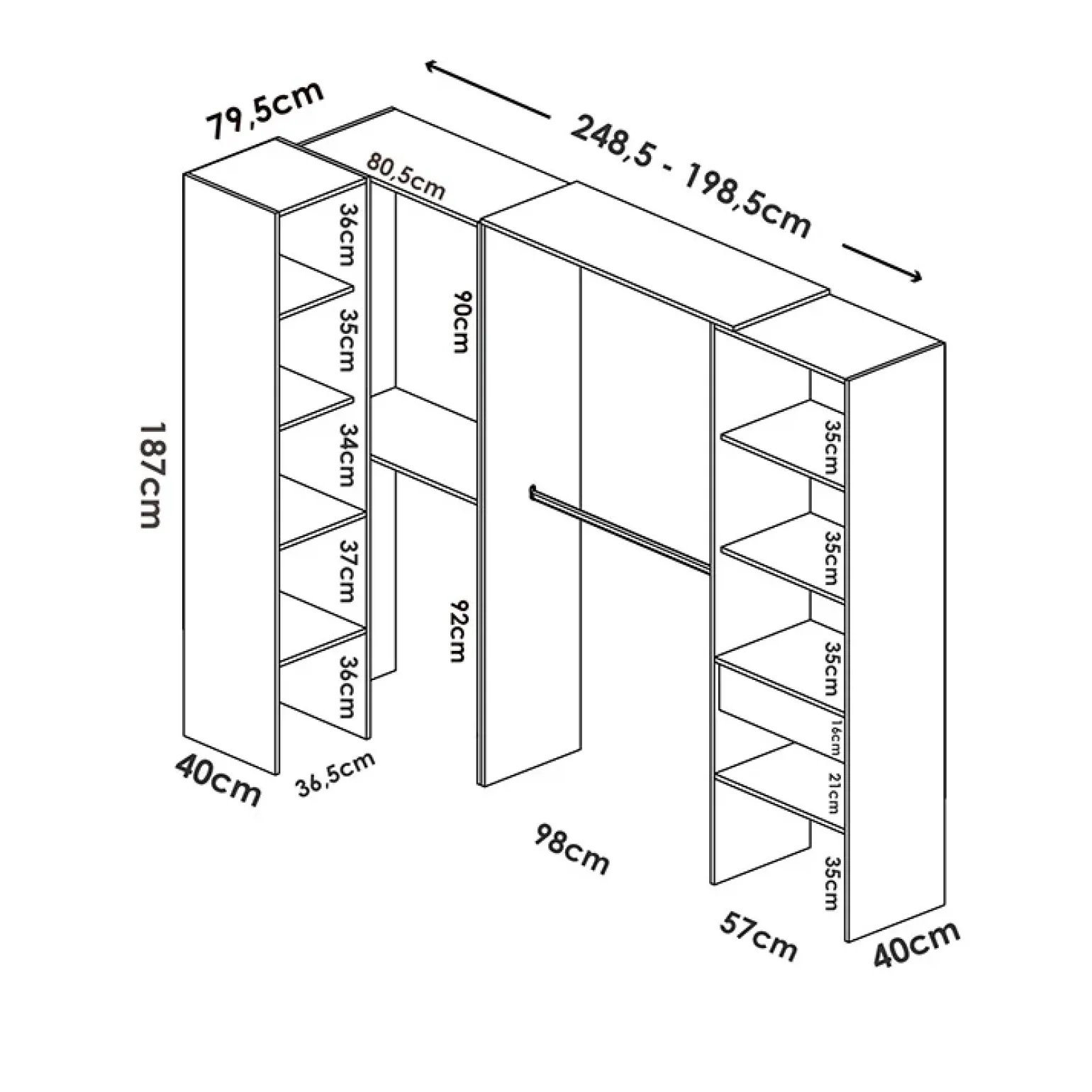 Cabina armadio angolare 248x187h cm 4 scomparti rovere noce Rincon