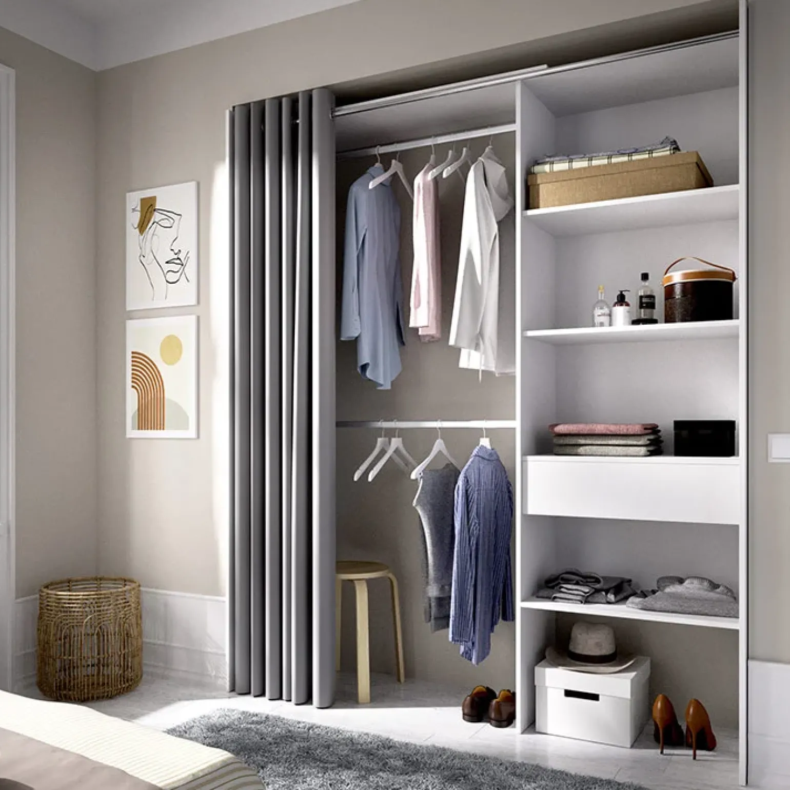 Cabina armadio 160x205h cm allungabile moderno aperto con tenda bianco Gover