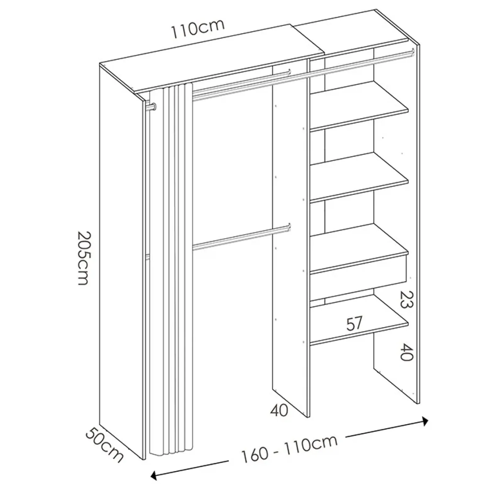Cabina armadio 160x205h cm allungabile moderno aperto con tenda bianco Gover