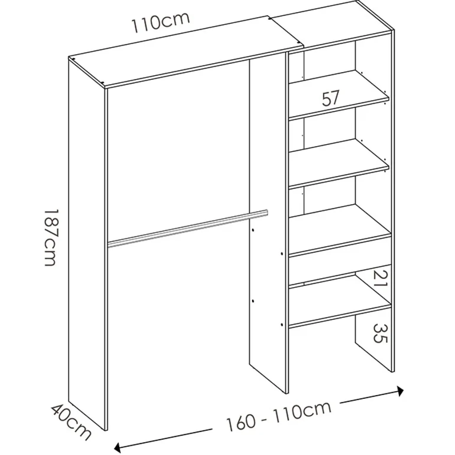 Cabina armadio 160x187h cm allungabile moderno aperto rovere Mobik