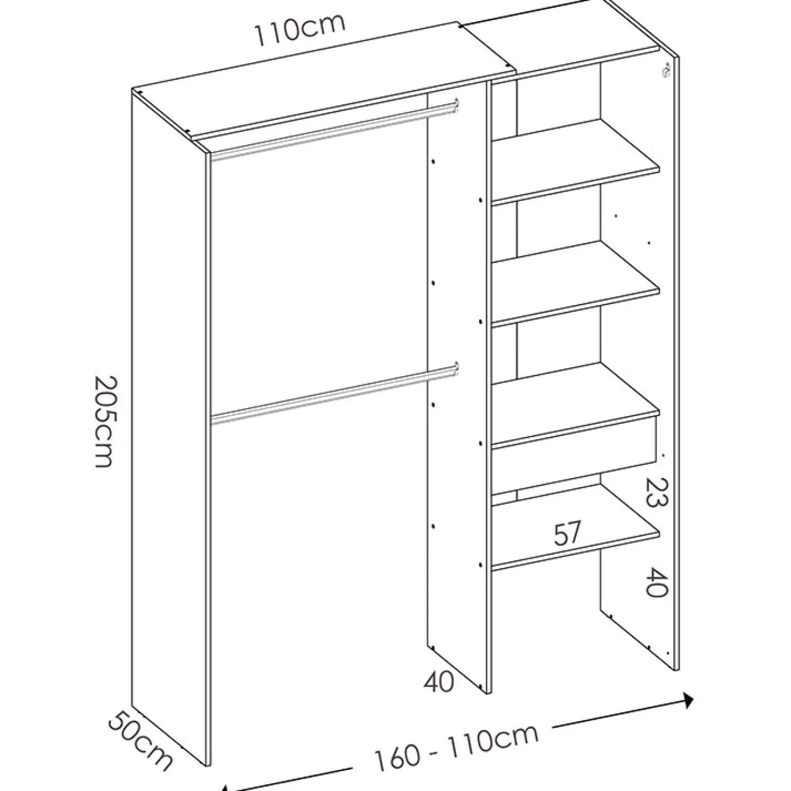 Cabina armadio 160x205h cm allungabile moderno con tenda rovere grafite Gover