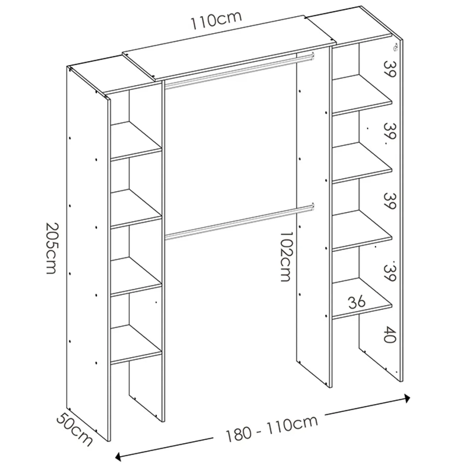 Cabina armadio 180x205h cm allungabile moderno aperto con tenda rovere grafite Simpli