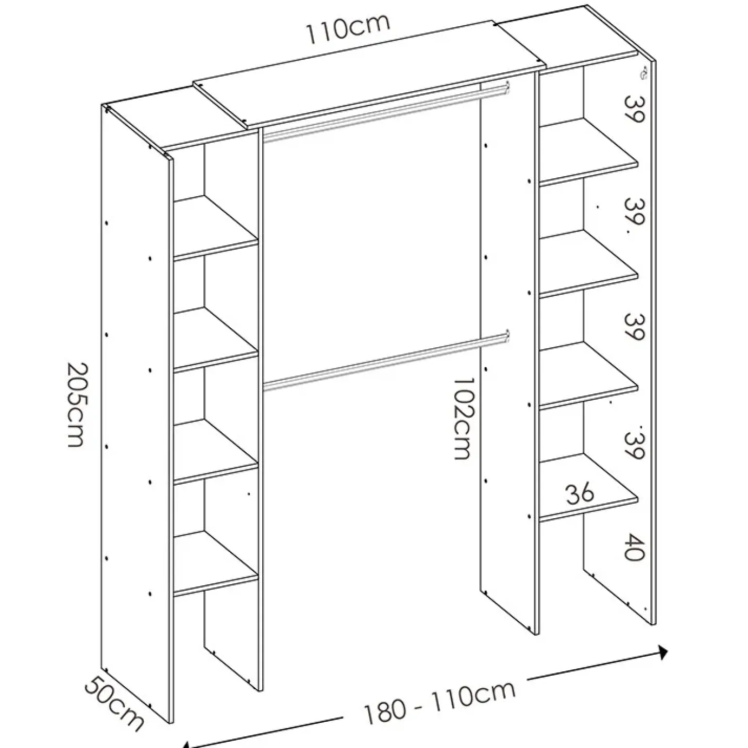 Cabina armadio 180x205h cm allungabile moderno aperto con tenda bianco Simpli