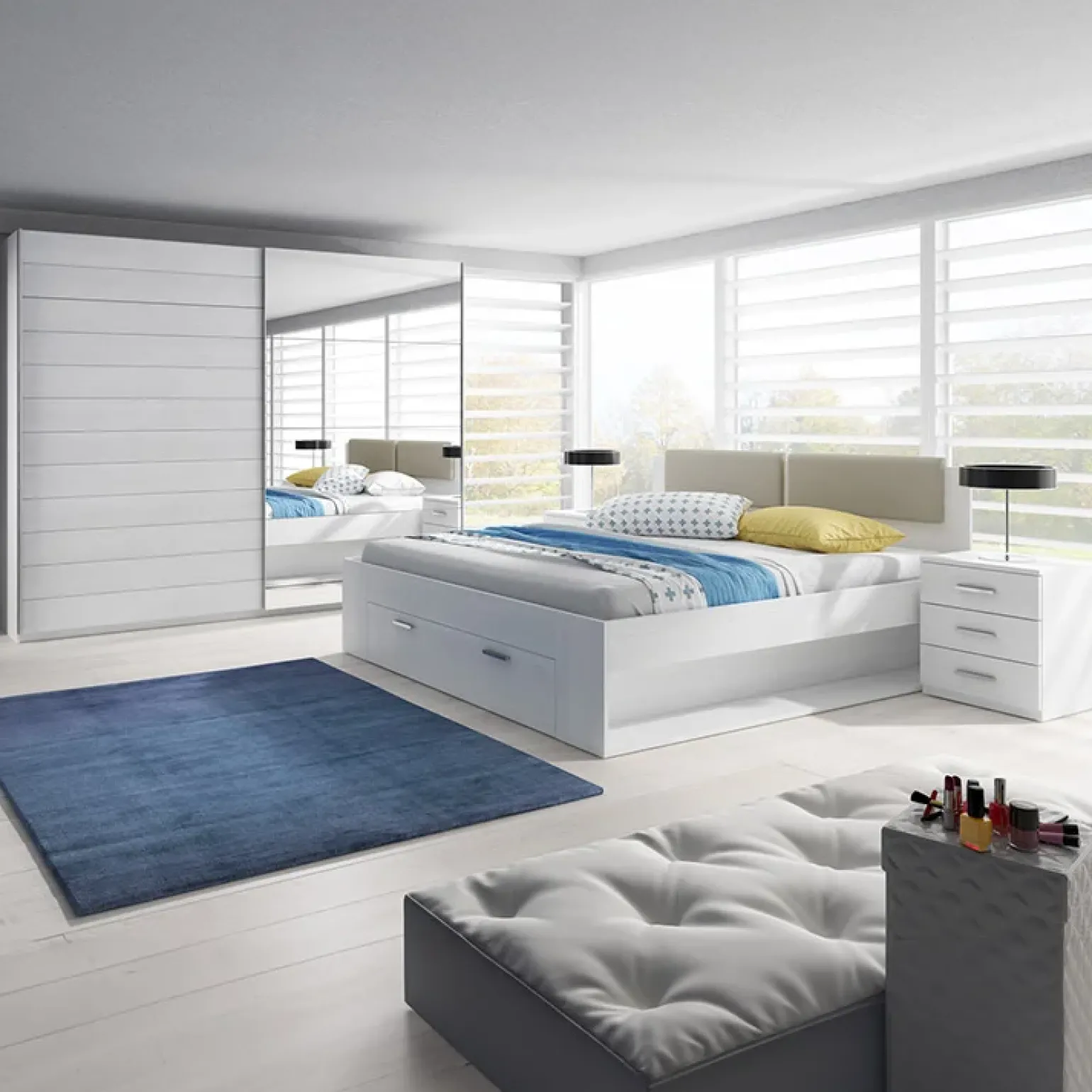 Camera completa con letto matrimoniale 160x200cm pino bianco beige Cortina