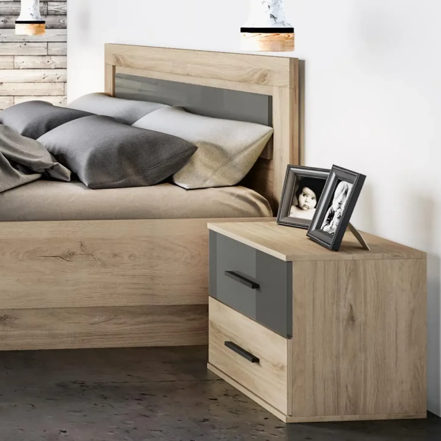 Camera da letto completa matrimoniale rovere antracite lucido Senna