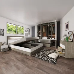 Camera da letto completa matrimoniale con LED rovere scuro bianco opaco Garonna
