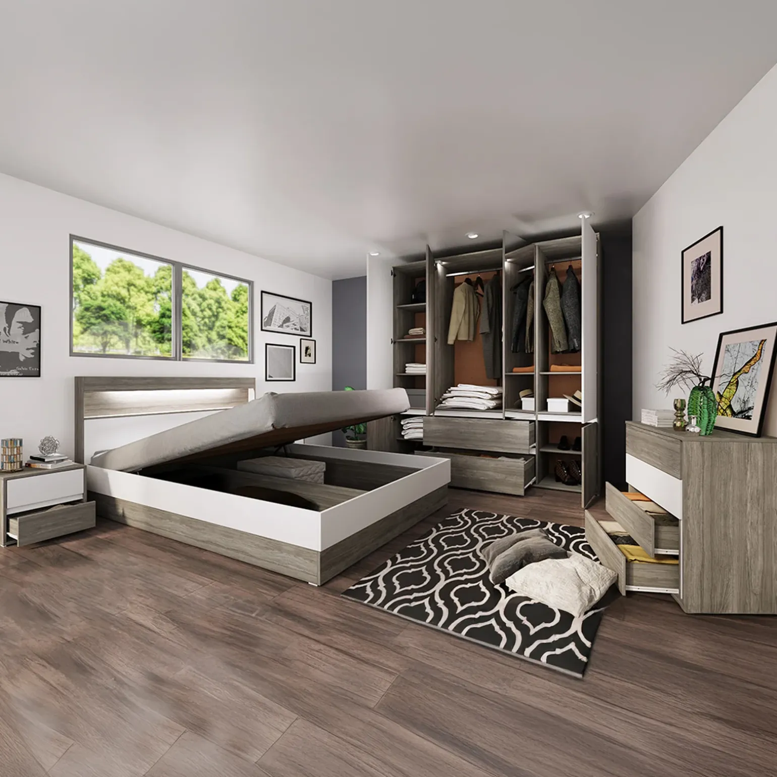 Camera da letto completa matrimoniale con LED rovere scuro bianco opaco Garonna